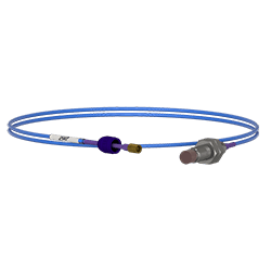 A render of a PRO Line DP1007 11 mm proximity probe with blue FEP jacket and optional connector protector.