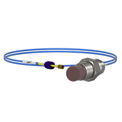 A render of a Hazardous area approved PRO Line DP1008 intrinsically safe 25 mm proximity probe with blue FEP jacket and connector protector.