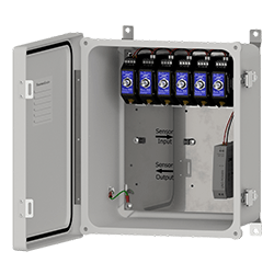 A render of a PRO Line PXE150P proximity probe driver enclosure with power, with the front panel open.