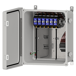 A render of a PXE150T proximity probe driver enclosure with front panel open.
