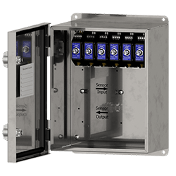 A render of a PRO Line PXE250 proximity probe driver enclosure with the front panel open.