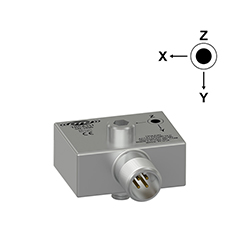 A render of a CTC TRCA331 stainless steel, miniature size, side exit triaxial accelerometer.