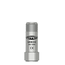 A stainless steel, mini size, top exit UEB332 ultrasound sensor engraved with the CTC Line logo, part number, serial number, and CE and UKCA certification markings.