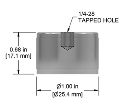 drawing of a magnet in a stainless steel circular case, with a tapped hole in the center of the top, showing the height dimension of 0.68 inch and the diameter dimension of 1.00 inch