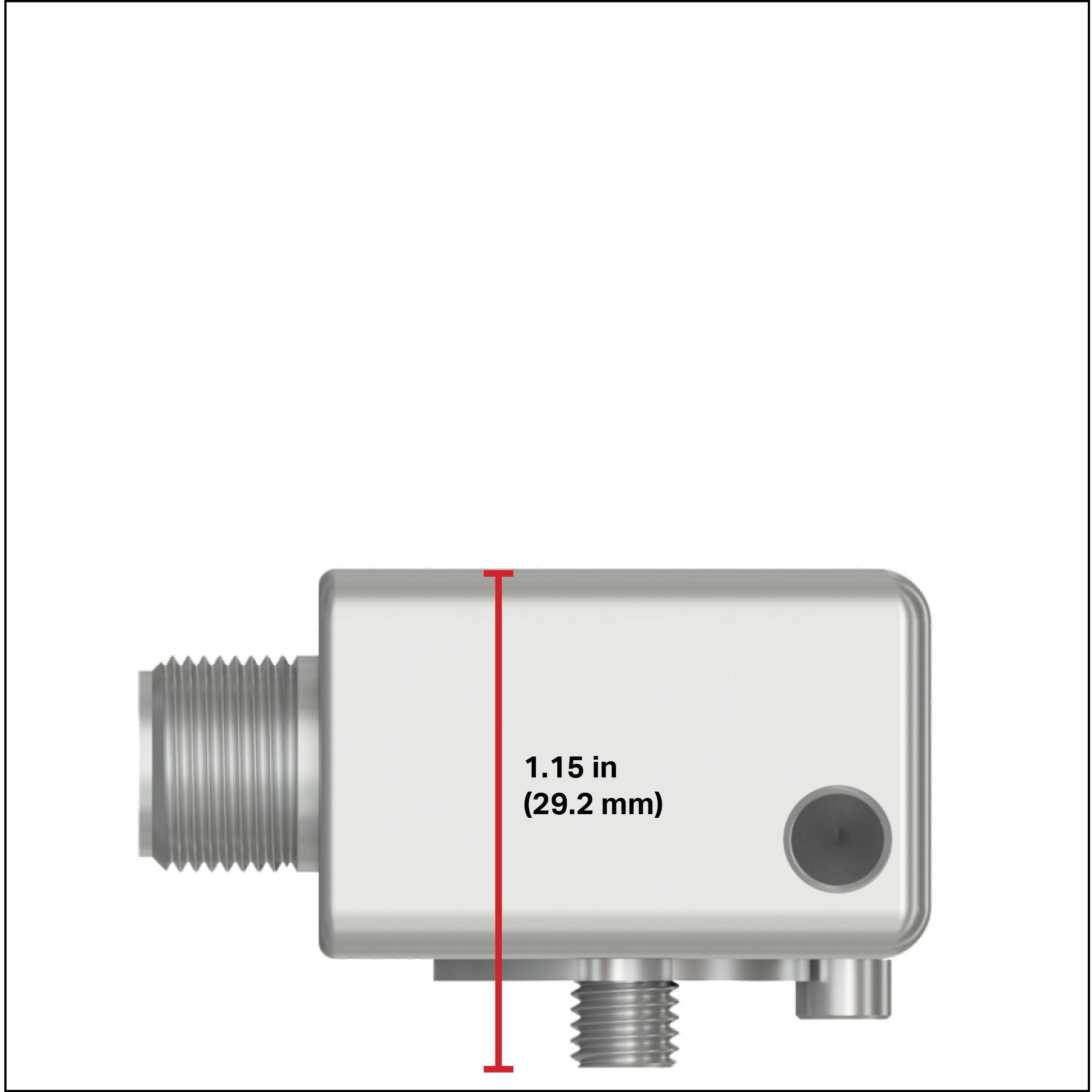 CTC legacy side exit triaxial accelerometer with a red measurement line showing a height of 1.15 inches (29.2 millimeters)