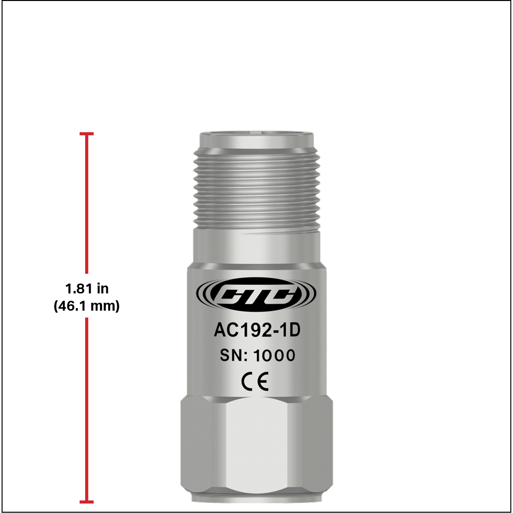 A CTC compact size top exit accelerometer next to a red measurement line showing a height of 1.81 inches (46.1 millimeters)