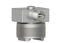 A render of a CTC TREA330 triaxial vibration sensor on top of an MH114-3T mounting magnet.