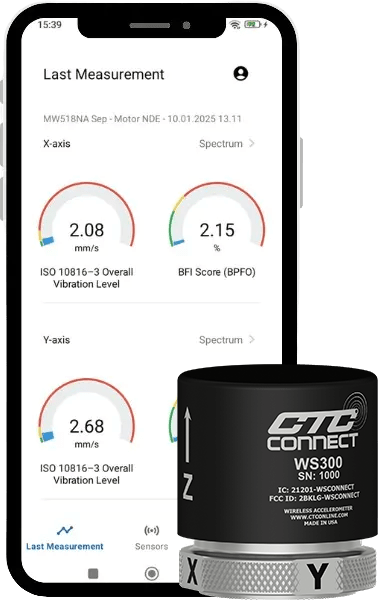A render of a smartphone with ABLE Handy app and a CTC ConnectSens WS300 wireless sensor.