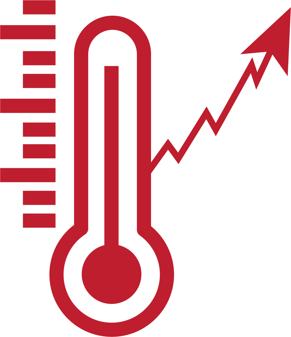 an icon of a thermometer measuring a high temperature, representing robust durability in hot conditions