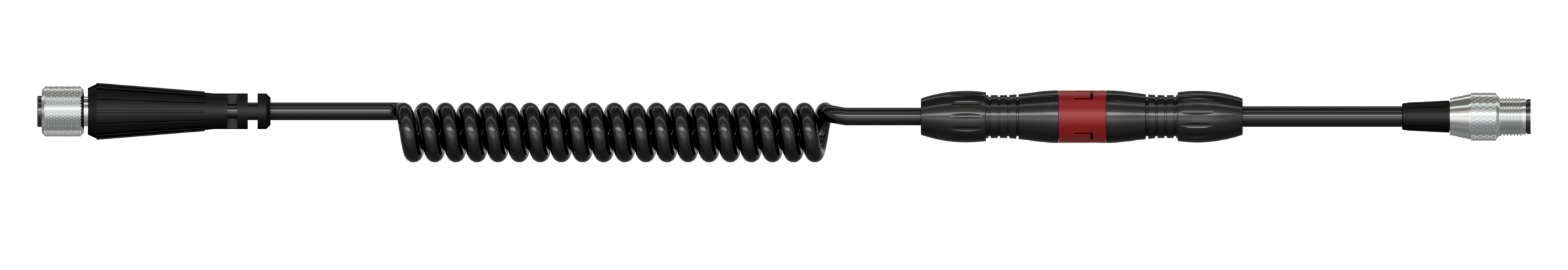 Render of a CTC Industrial Cable and Connector Assembly featuring CB117 coiled cable, J4C Connector, C650 data collector connector, and SFT safety feature