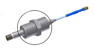 A render of a CTC DM903-1A mounting adapter bushing on an 8 mm proximity probe.