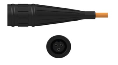 side view and front view of CTC's V3N Black Viton® Boot Connector on a yellow cable, with 3 pin connector