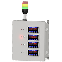 A render of a CTC SCD Series Enclosure with tri-color stack light and four displays.