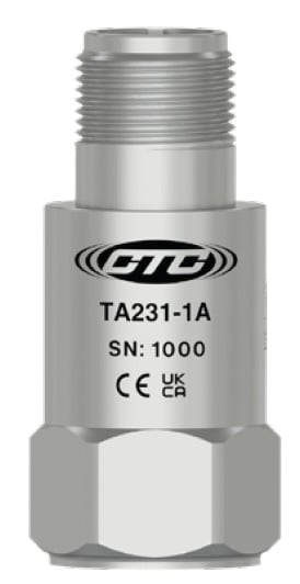 TA231 top exit, standard size, stainless steel sensor with CTC Logo, part number, serial number, and certification logos engraved on front of case.