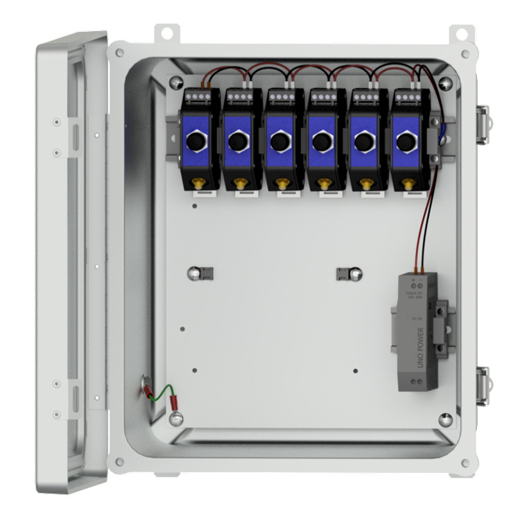 PRO Line PXE150P fiberglass enclosure shown with an open front panel, with 6 mounted drivers and a 24V power supply inside