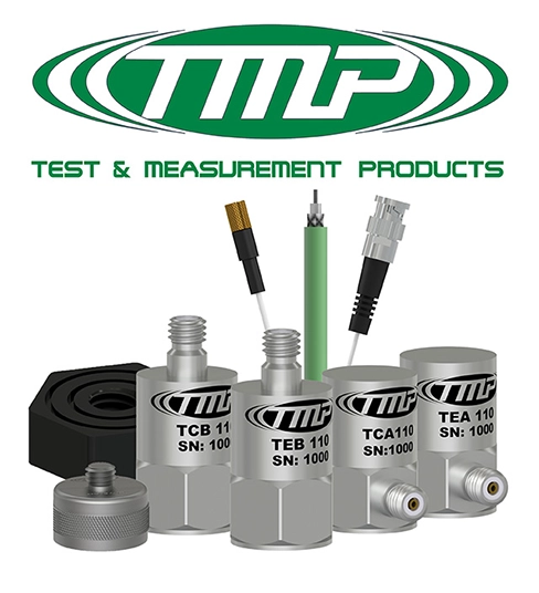 Green TMP logo with Text &amp; Measurement tagline, shown above a collage of TMP top and side exit sensors and mounting hardware.