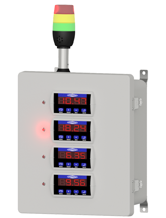 A render of CTC's PMX series relay and display enclosure with optional red, yellow, and green stack light.