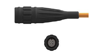 Front and Side View of CTC's JV4R black viton seal-tight boot connector on an orange industrial cable