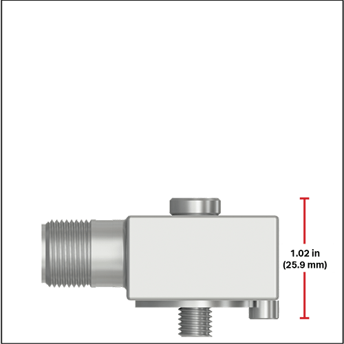 CTC mini size side exit accelerometer with a red measurement line showing a height of 1.02 inches (25.9 millimeters)