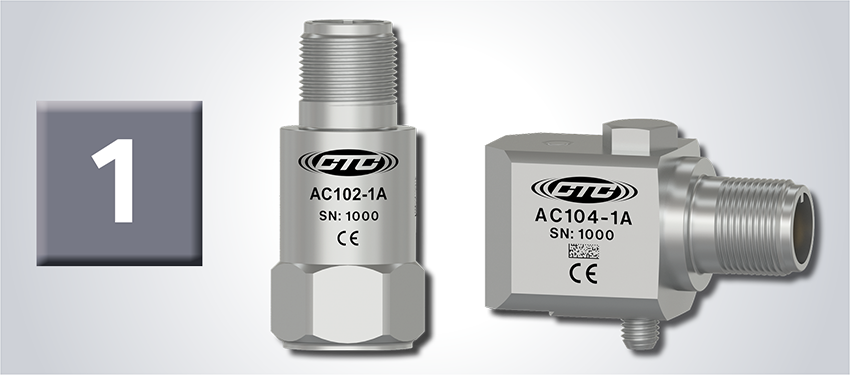Vibration System Component #1 - an image of a CTC AC102 standard size top exit vibration monitoring sensor and anAC104 standard size side exit vibration monitoring sensor on a grey gradient background