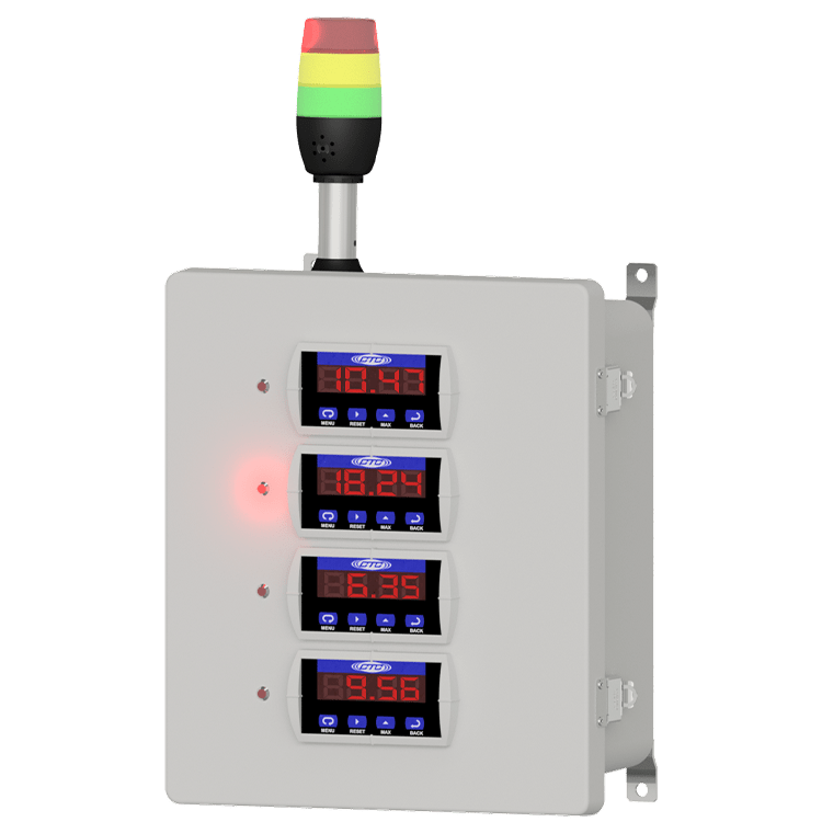 A render of CTC PMX Series relay and display enclosure with tri-color stack light