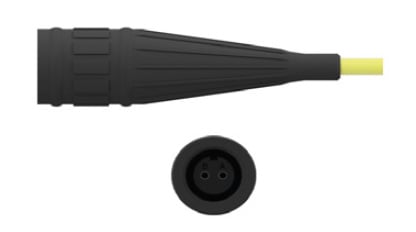 side view and front view of CTC's V2N Black Viton® Boot Connector on a yellow cable