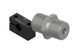 A render of a PRO Line proximity probe mounting block and mounting bushing.