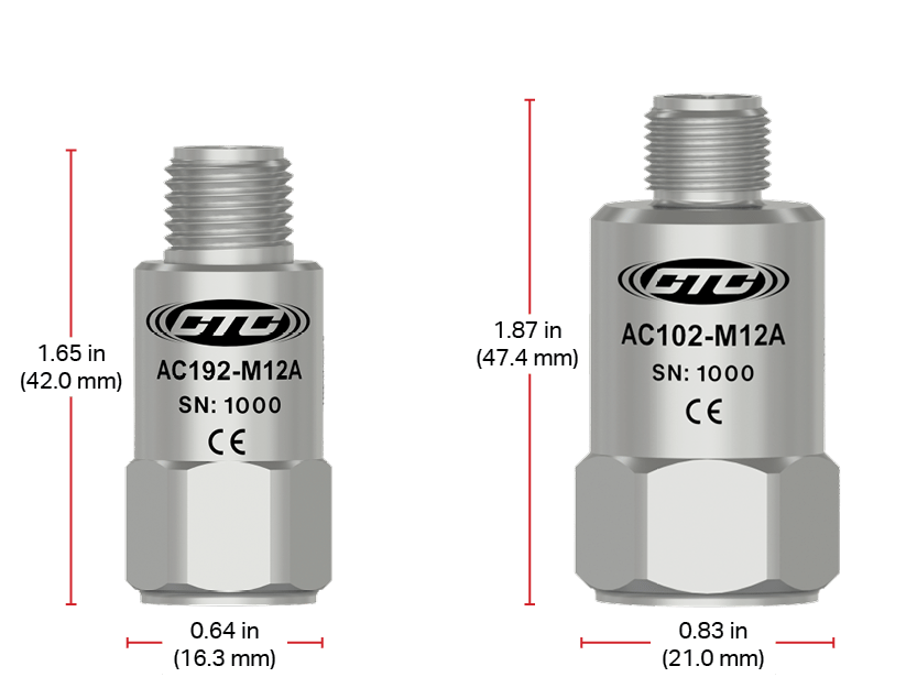 A render of a compact M12 top exit accelerometer with 1.65 in. height and a standard M12 top exit with 1.87 in. height.