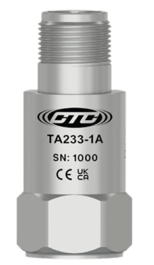 TA233 top exit, standard size, stainless steel industrial accelerometer with CTC logo, part number, serial number, and CE/UKCA certification logos engraved on front of case.