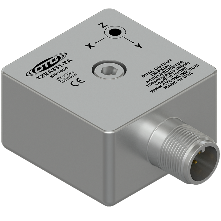 TXEA331-TA side exit, dual output triaxial accelerometer with CTC logo, made of stainless steel
