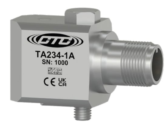 TA234 side exit, standard size, stainless steel industrial accelerometer with CTC Logo, part number, serial number, and CE/UKCA logo engravings on case