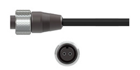 side and front view of CTC's A2R black PPS molded connector with stainless steel knurled locking ring, on a black cable