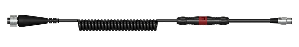 render of a cable assembly with a coiled cable, a safety feature, and a connector on each end