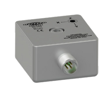 a standard size, side exit TXFA331 triaxial sensor in a square stainless steel case