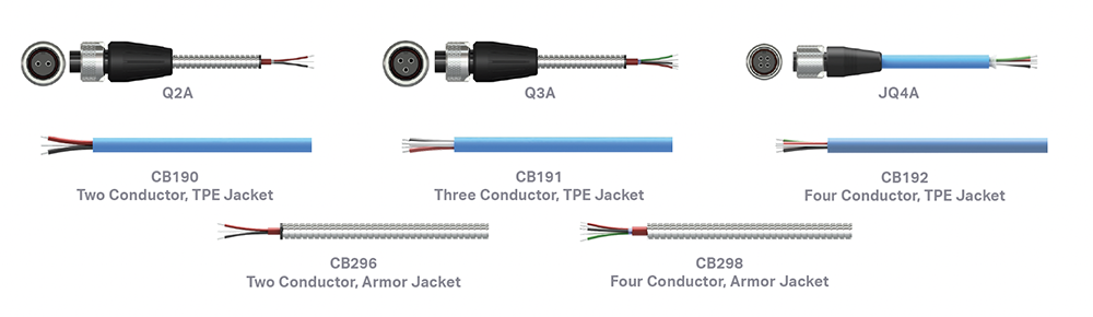 side views of a variety of blue FEP jacketed cables, armor jacketed cables, and two, three, and four-pin connectors
