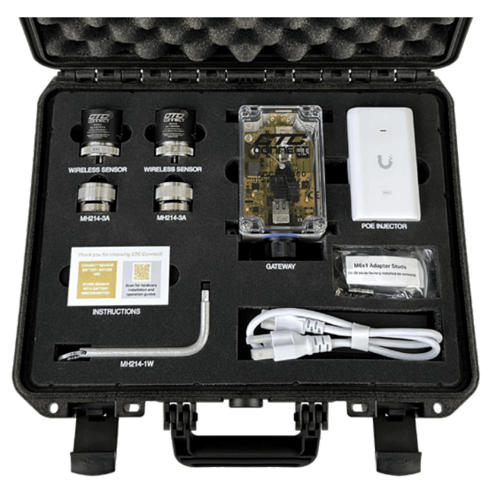 A photograph of CTC Connect Wireless Starter kit with sensors, moutig hardware, gateway, and PoE injector
