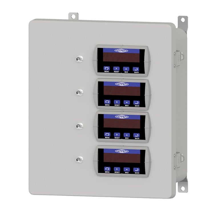 A fiberglass SCD100 series relay and display enclosure with front panel closed to show the 4 display screens and 4 BNC connections.