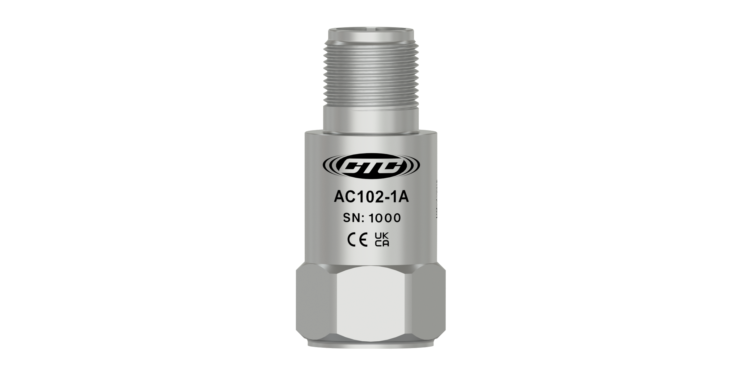 a rendering of a stainless steel CTC AC102 top exit accelerometer engraved with the CTC logo, part number, serial number, and certification logos