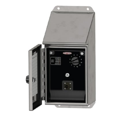 a stainless steel enclosure with a sloped top, with open front panel showing the black interior junction box board with with black dial and black BNC connector, as well as bias indicator lights