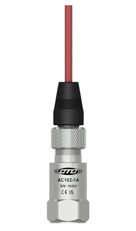 A CTC AC102 standard size, top exit, stainless steel accellerometer connected to an black A2A connector with stainless steel locking ring on a CB102 red jacketed cable