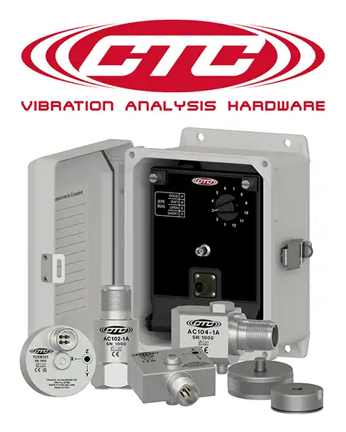 Red CTC Line logo with Vibration Analysis Hardware tagline above a collage of CTC products including a fiberglass junction box, vibration monitoring accelerometers, and mounting hardware.