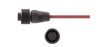 Front and Back Views of CTC's A2S Black PPS Connector with Black PPS locking ring on a red industrial cable