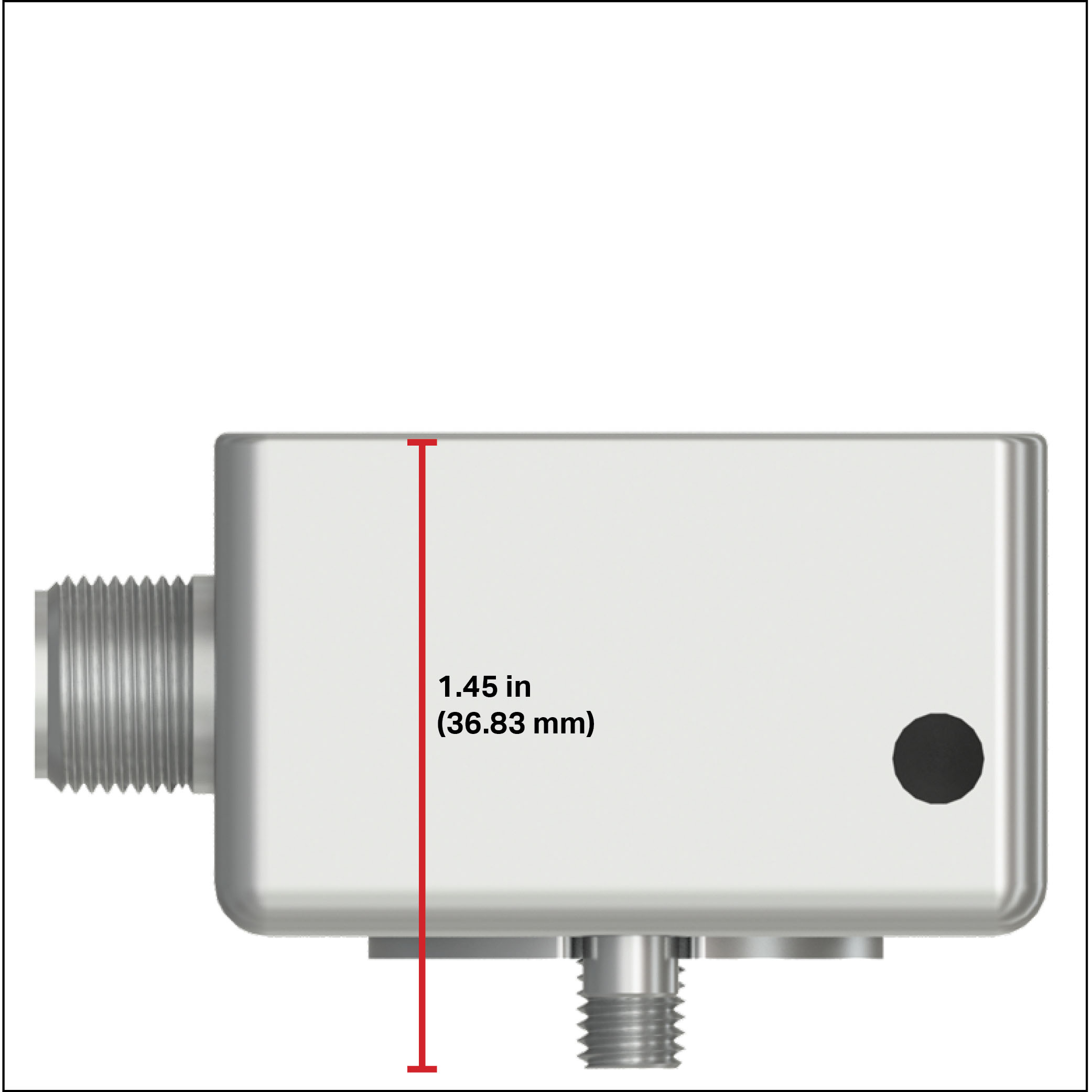 A CTC large-size, side exit triaxial accelerometer with a red measurement line showing a height of 1.45 inches (36.8 millimeters)