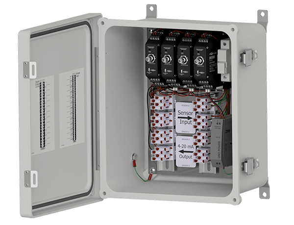A render of an open SCE Series fiberglass relay and display enclosure with 4 mounted signal conditioners.