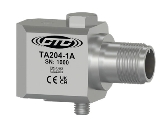 profile view of CTC's TA204 side exit, standard size, stainless steel condition monitoring sensor with CTC logo, part number, serial number. and certification logo engravings on side of case