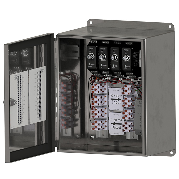 A stainless steel SC200 Series signal conditioner enclosure with the front panel open to show four mounted SC300 Series signal conditioners and wiring.