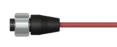 A render of a CTC A2A black connector with stainless steel locking ring on a CB102 red FEP jacketed cable