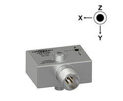 A render of a CTC TREA330 side exit triaxial sensor with cartesian coordinates.