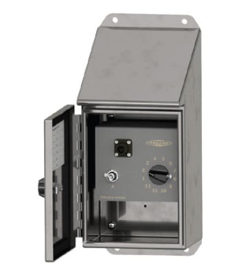 a CTC stainless steel modular enclosure with a sloped top, with door open to show grey interior modular panel with black BNC connector, silver switch, and black dial