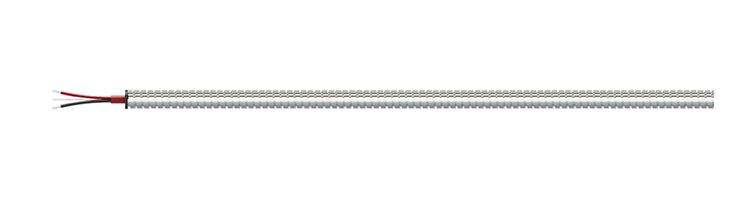 A segment of a CB206 stainless steel armor jacketed cable with two conductor wires (red, black) and a drain wire showing on the left side of the cable.
